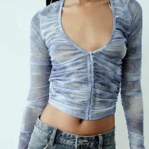 New Zara Blue Ruched Plunge Button Down crop Blouse ruched bodice and sleeves L
